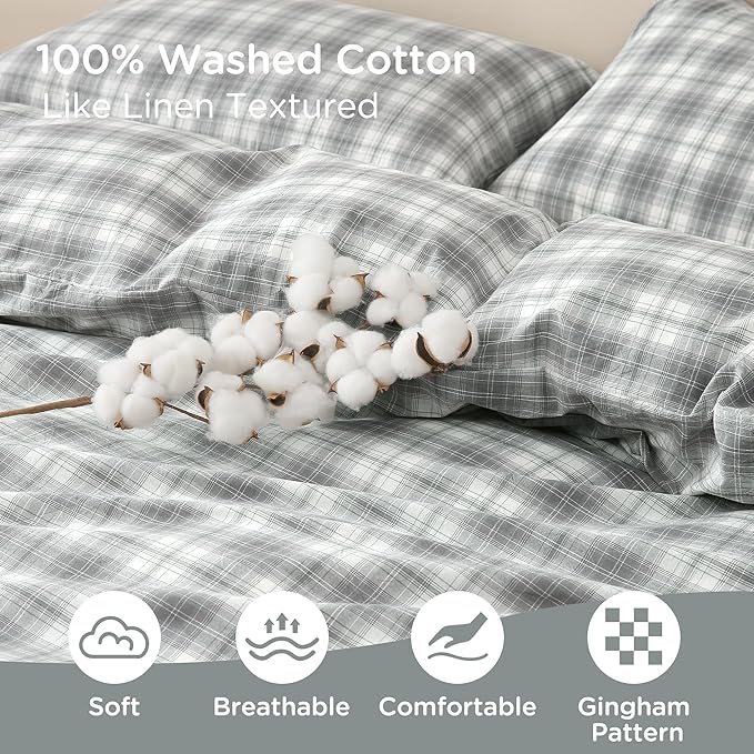 TOCOMOA Plaid Duvet Cover Set 100% Washed Cotton Like Linen Feel Super Soft - Image 5