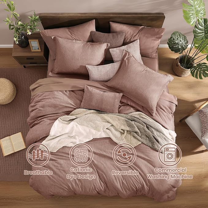 Monbix King Size Comforter Set, 7 Pieces Dusty Pink Cationic Dyeing Bed in a - Image 5