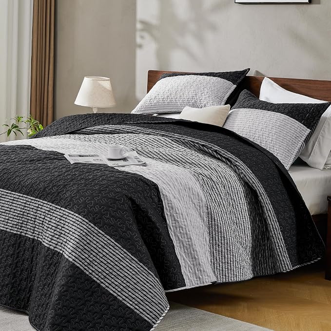 Andency Black Quilt Twin, 2 Pieces Black and White Patchwork Striped Bedspread by Andency