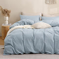TOCOMOA Blue Gingham Duvet Cover Bedding Set 100% Washed Cotton Like Linen Feel by TOCOMOA