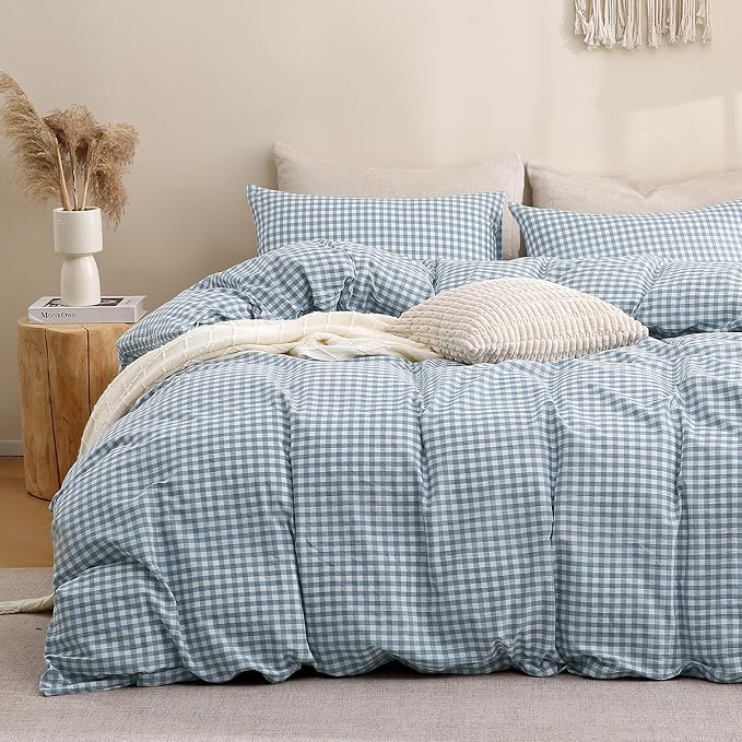 TOCOMOA Blue Gingham Duvet Cover Bedding Set 100% Washed Cotton Like Linen Feel by TOCOMOA