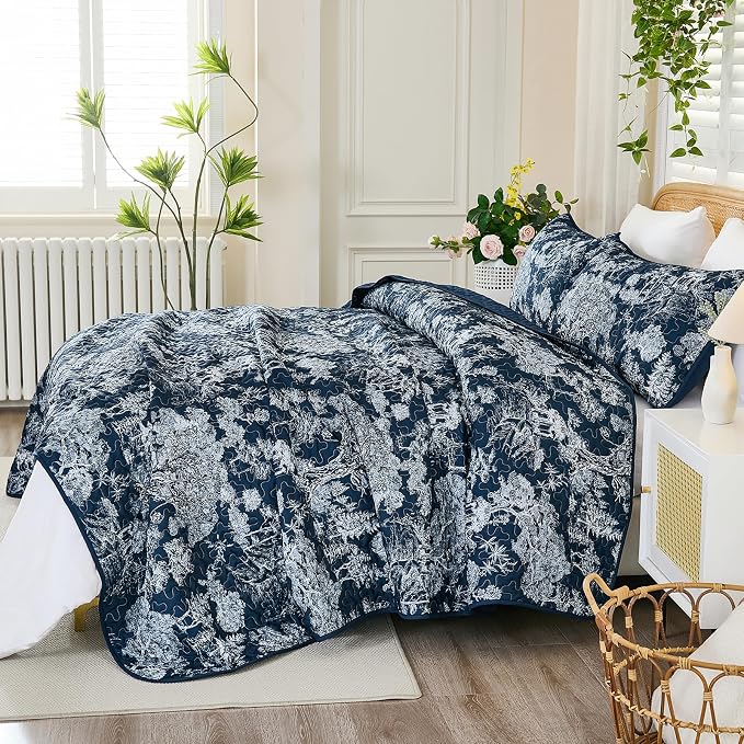 WONGS BEDDING Quilt Set King Size, 3 Pieces Navy Blue Botanical Floral Printed - Image 6