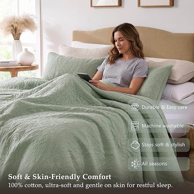 PALASSIO Sage Green Paisley 100% Cotton Quilt Queen Size Bedding Set - Image 5