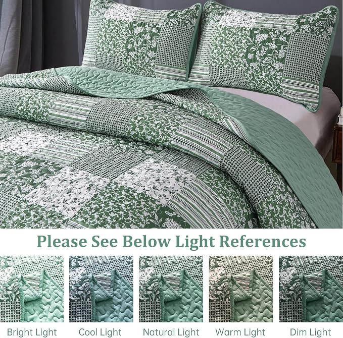 Mybedsoul Sage Green Boho King Quilt Set, 3-Piece Reversible Soft Plaid Floral - Image 4