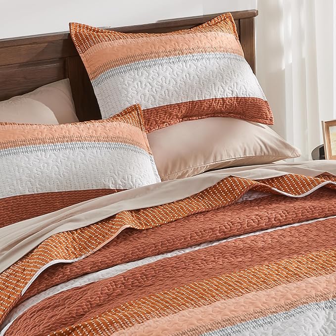 Andency Orange Quilt Cal King, 3 Pieces Patchwork Striped Bedspread Coverlet Set - Image 3