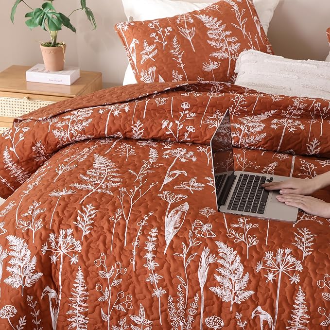JANZAA Quilts Queen Size Floral Bed Spread Terracotta Quilts Queen Size - Image 8