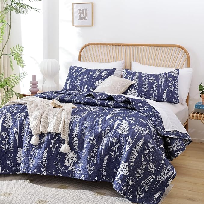 JANZAA Quilts Queen Size Navy Blue Floral Queen Quilt Bedding Set Microfiber by JANZAA