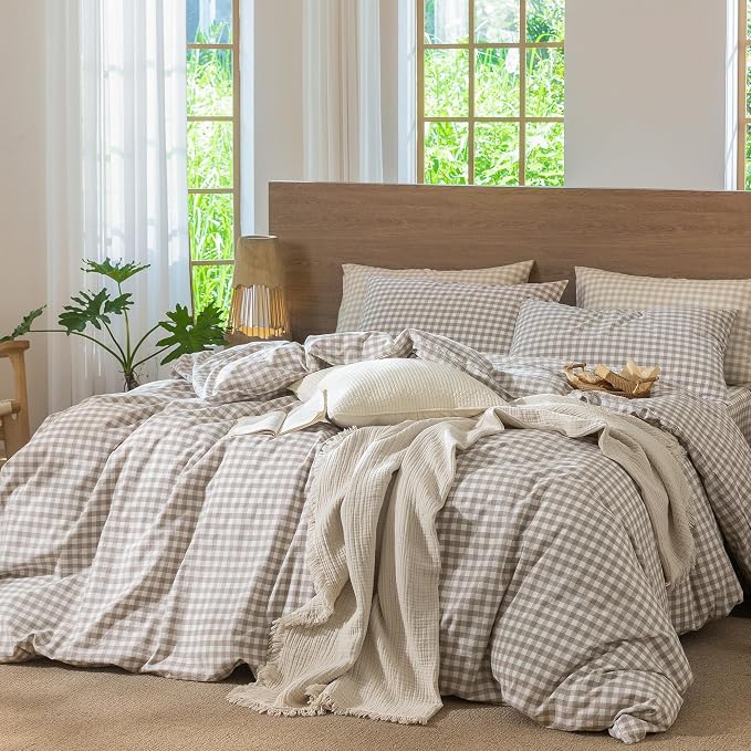 MooMee Gingham Duvet Cover Set 100% Washed Cotton Linen Like Textured - Image 9