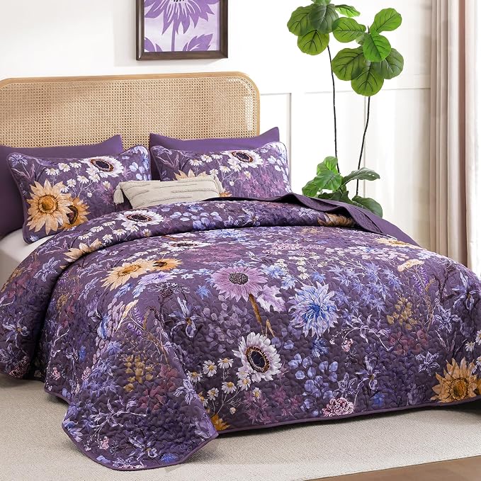 Yiran Purple Quilt Set Queen Size, Floral Bedspreads Bedding Set, 3 Pieces - Image 2