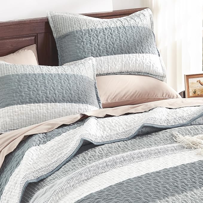 Andency Grey Striped Quilt King, 3 Pieces Patchwork Bedspread Coverlet Set - Image 5