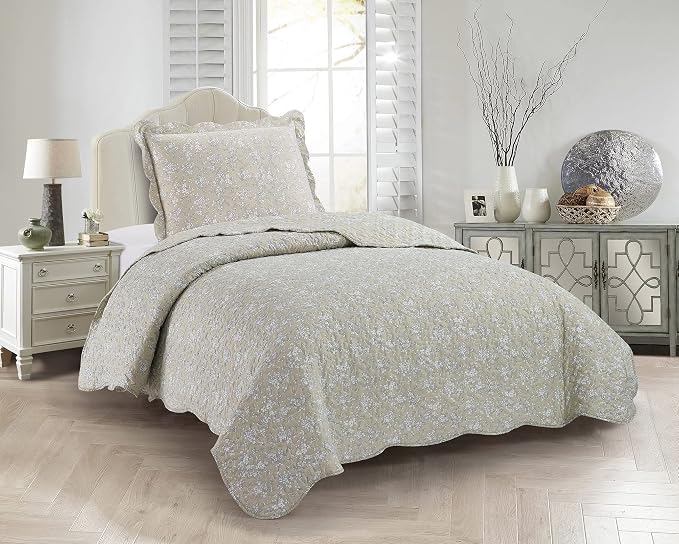 Brilliant Sunshine Classic Grey Floral Toile in Beige Background, 2-Piece Quilt - Image 6