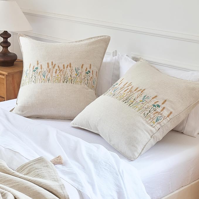 Simple&Opulence 100% Linen Euro Shams 26'' x 26'' Pack of 2, Embroidery Wheat - Image 8