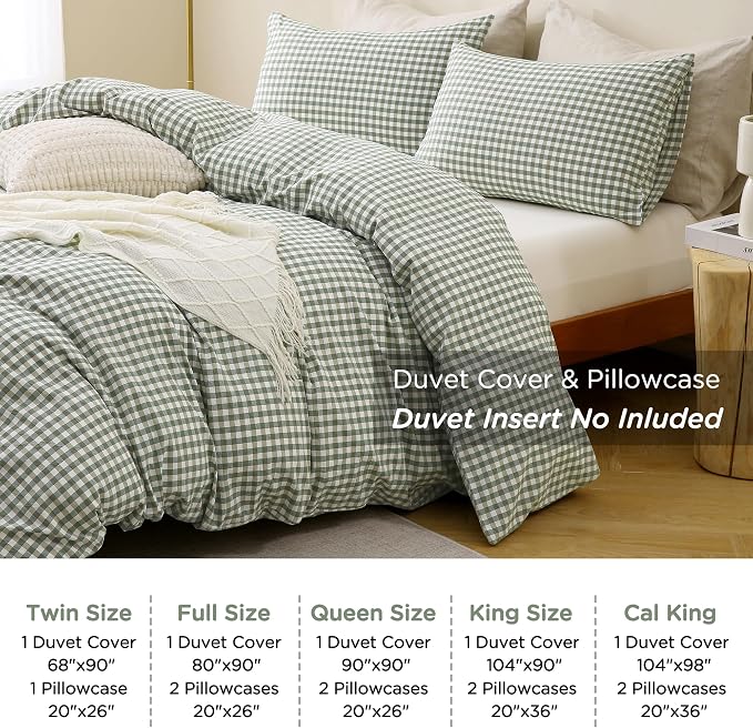 TOCOMOA Green Gingham Duvet Cover Bedding Set 100% Washed Cotton Like Linen - Image 8