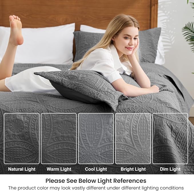 Love's cabin King Size Quilt Bedding Set Dark Grey Bedspreads - Image 6