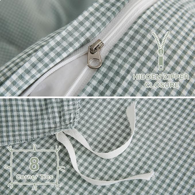 TOCOMOA Mini Gingham Green Duvet Cover Bedding Set 100% Washed Cotton Like - Image 6