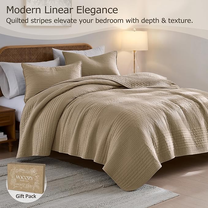 palassio Striped Dark Beige 100% Cotton Quilt King Size Bedding Sets, - Image 2