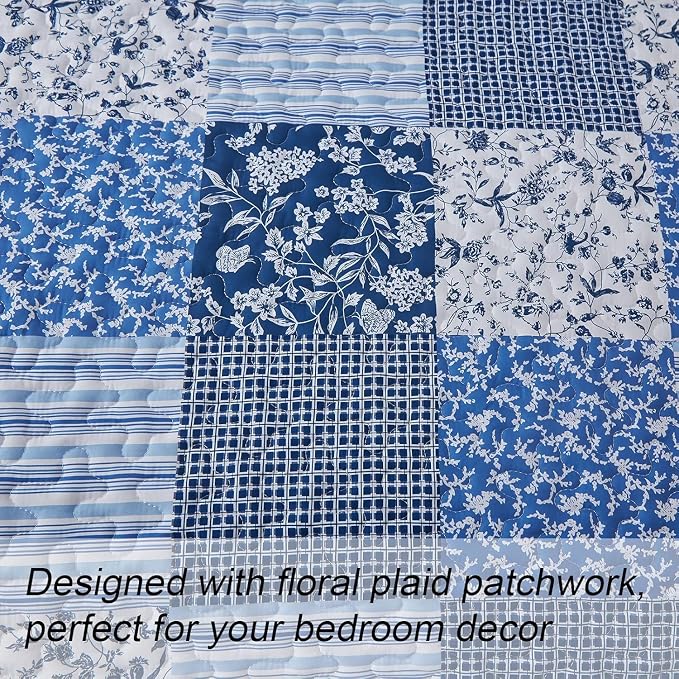 Mybedsoul Blue Quilt Set Twin Size, 2 Pieces Plaid Floral Bedspread Set - Image 4