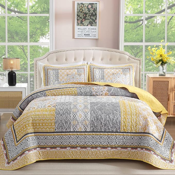 WONGS BEDDING Yellow Quilt Set King Size, Bohemian Patchwork Bedspread Coverlet by WONGSBEDDING
