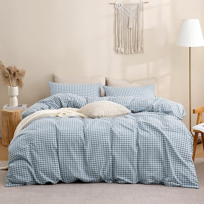 TOCOMOA Blue Gingham Duvet Cover Bedding Set 100% Washed Cotton Like Linen Feel - Image 3