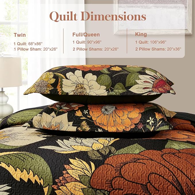 Tyrot 3 Piece Black Boho Floral Full/Queen Quilt Sets Reversible Farmhouse - Image 6