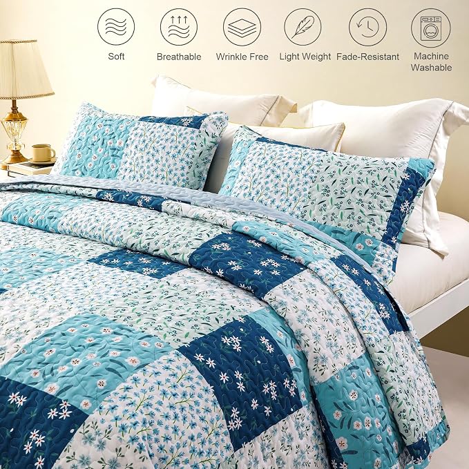 Whale Flotilla Patchwork Quilts Queen Size, Extra Soft Boho Floral Bedspreads - Image 3
