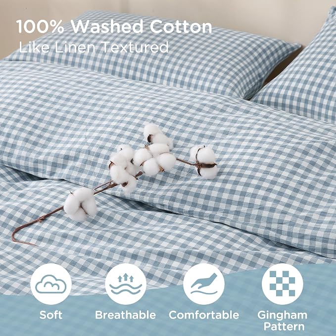 TOCOMOA Blue Gingham Duvet Cover Bedding Set 100% Washed Cotton Like Linen Feel - Image 5