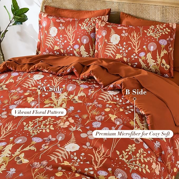 Yiran King Size Comforter Set 7 Piece, Burnt Orange Floral Bedding Set - Image 2