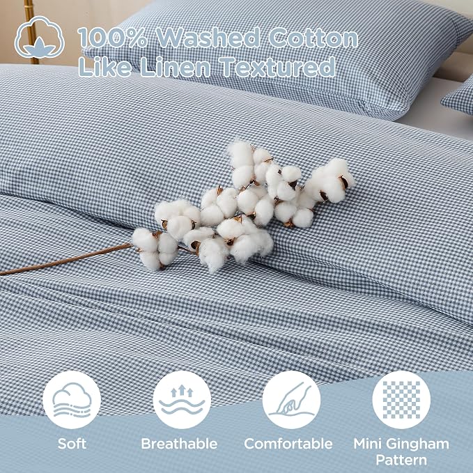 TOCOMOA Mini Gingham Blue Duvet Cover Bedding Set 100% Washed Cotton Like Linen - Image 5