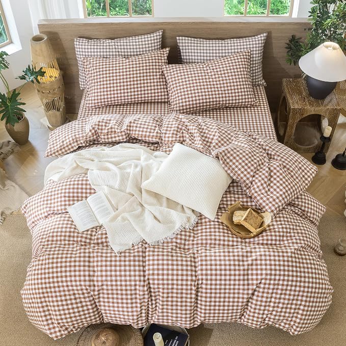 MooMee Gingham Duvet Cover Set 100% Washed Cotton Linen Like Textured - Image 5