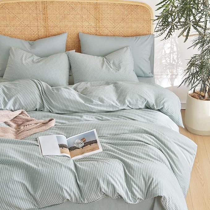 Wake In Cloud - Striped Cotton Duvet Cover Set, 100% Washed Cotton Textured by WakeInCloud