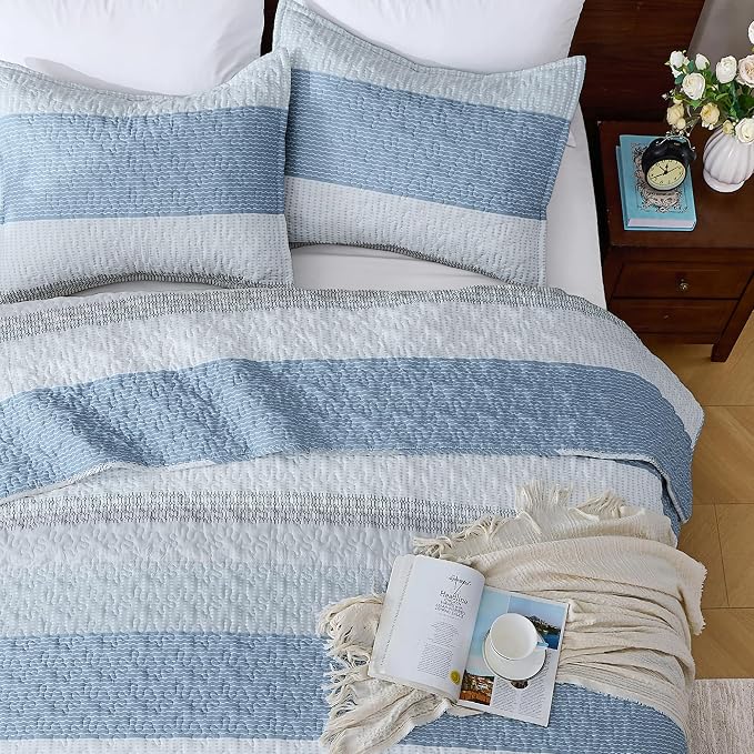 Andency Queen Quilt Bedding Set Misty Blue, 3 Pieces Patchwork Summer Striped - Image 4