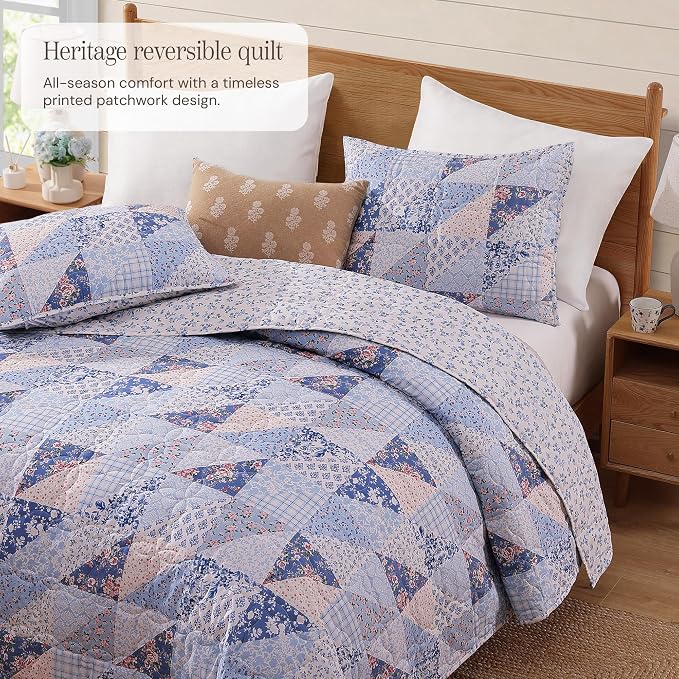 BLOOMHAVEN Quilt Set Twin Size, Patchwork Blue Pink Marigold Floral Quilt Sets - Image 2