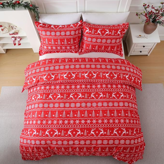 JSD Red Christmas Duvet Cover Set Queen Size, 3 Piece Snowflakes Reindeer - Image 8