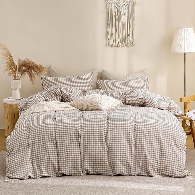 TOCOMOA Tan Gingham Duvet Cover Bedding Set 100% Washed Cotton Like Linen Feel - Image 3