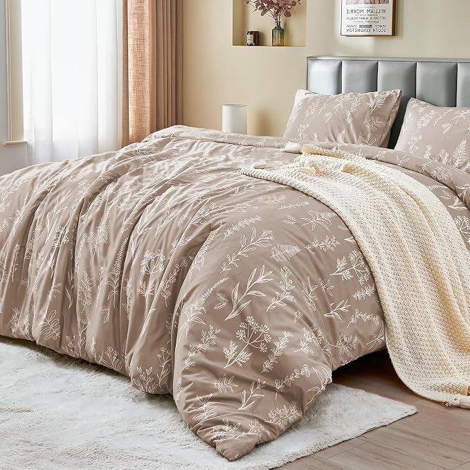 MUXHOMO Duvet Cover King Size, Reversible Floral Taupe Duvet Cover Set - Image 3
