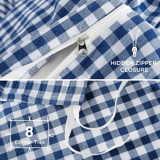 TOCOMOA Navy Blue Gingham Duvet Cover Bedding Set 100% Washed Cotton Like Linen - Image 6