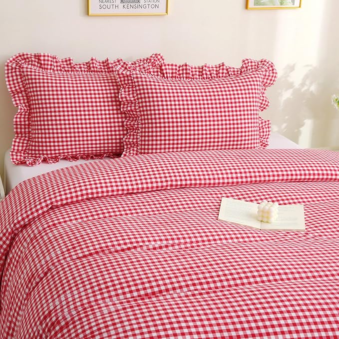 Silnuo Red/White Checkered Ruffle 3-Piece Duvet Cover Set Queen Size, Washed - Image 7