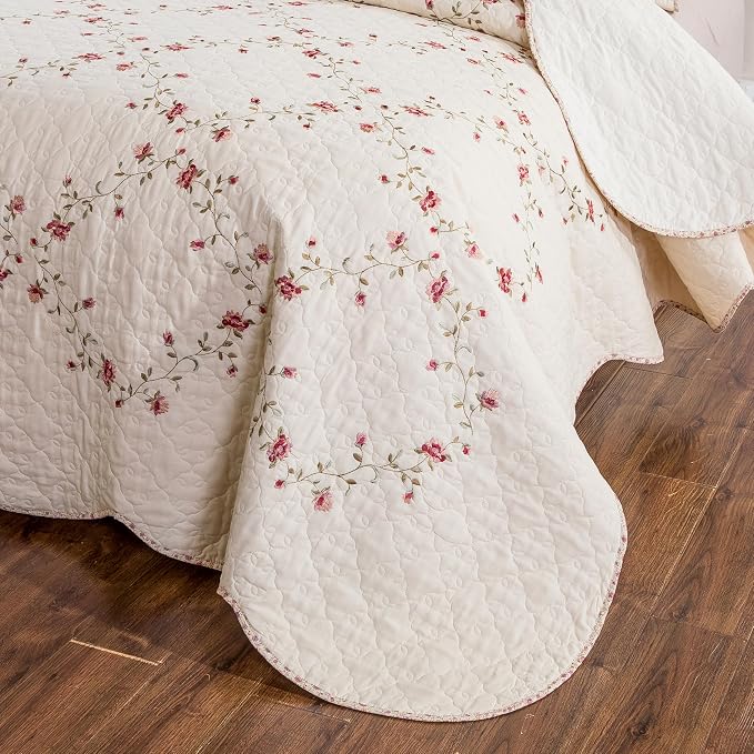 Quilt Set Floral Leaves 3D Embroidery Pattern 3 PCS Cotton Reversible Quilted - Image 5