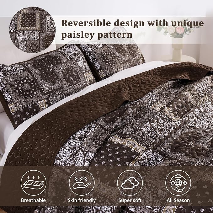 Cottolester Brown Patchwork Quilt Set Queen Size, 3 Pieces Boho Paisley Quilt - Image 3