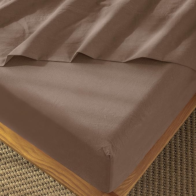 MooMee Fitted Bottom Sheet Only 100% Washed Cotton Linen Like Textured by MOOMEE