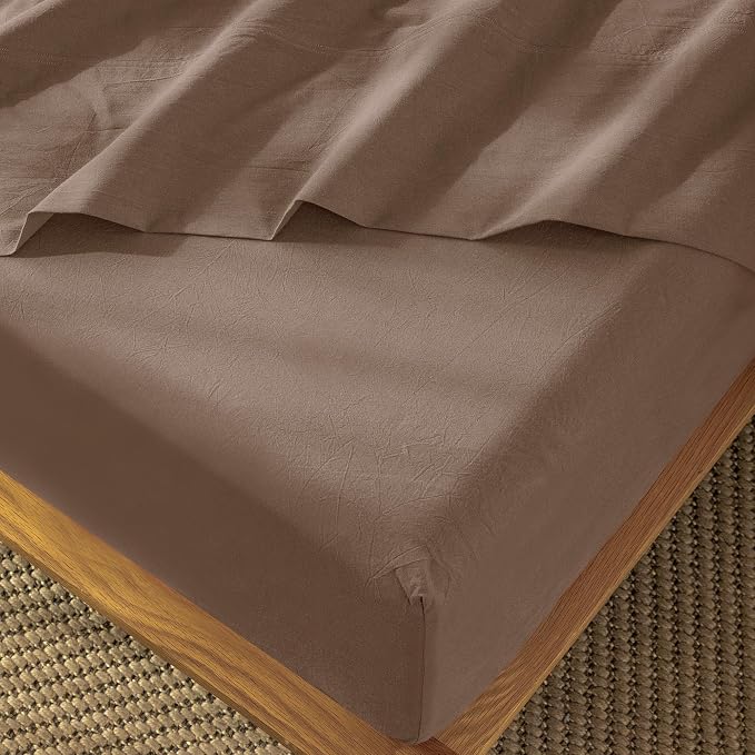 MooMee Fitted Bottom Sheet Only 100% Washed Cotton Linen Like Textured by MOOMEE
