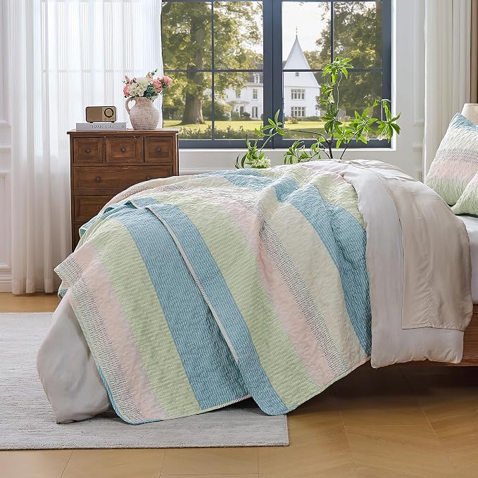 Andency King Size Quilt Set Blue Pink, 3 Pieces Summer Ultra Soft Lightweight - Image 2