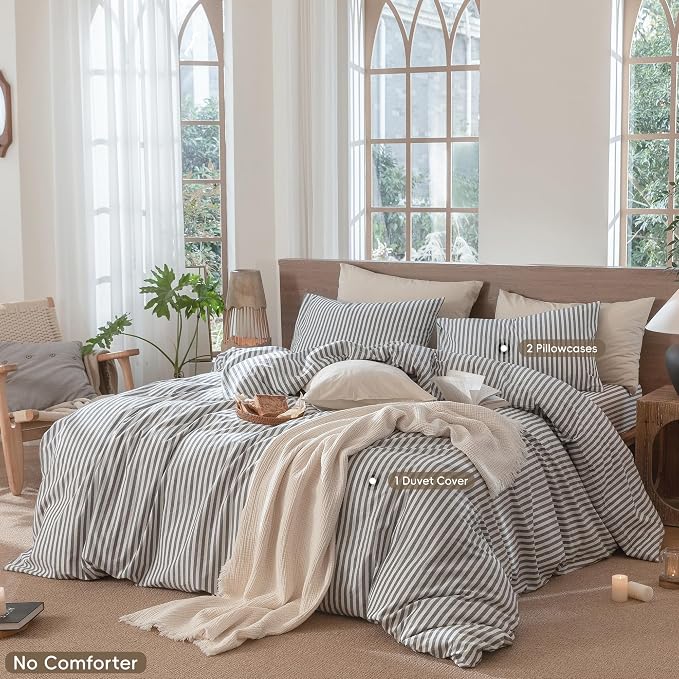 MooMee Striped Duvet Cover Set 100% Washed Cotton Linen Like Textured - Image 2