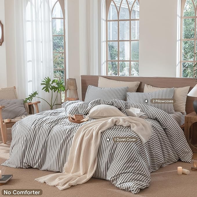 MooMee Striped Duvet Cover Set 100% Washed Cotton Linen Like Textured - Image 2