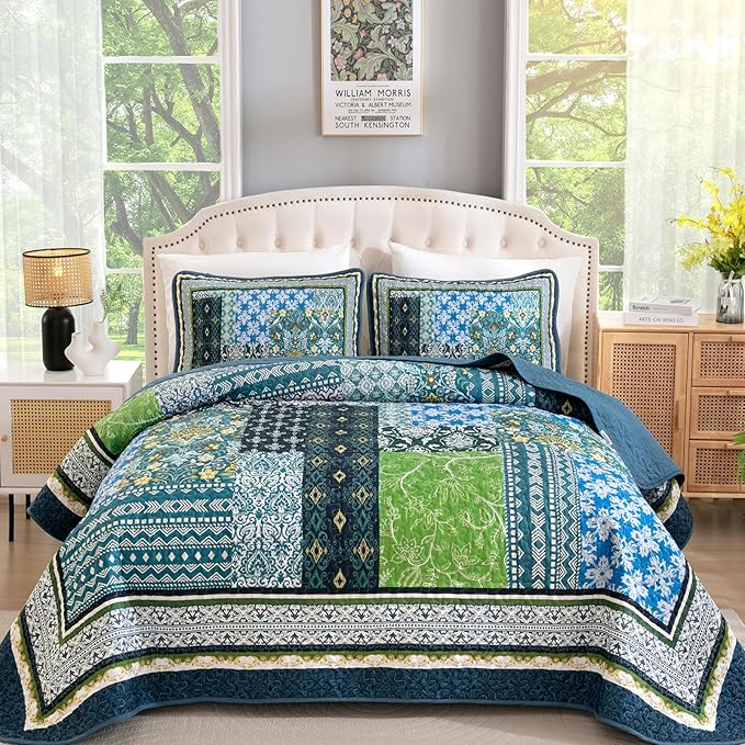 WONGS BEDDING Teal Quilt King Size, 3 Pieces Boho Patchwork Quilt Soft Coverlet by WONGSBEDDING