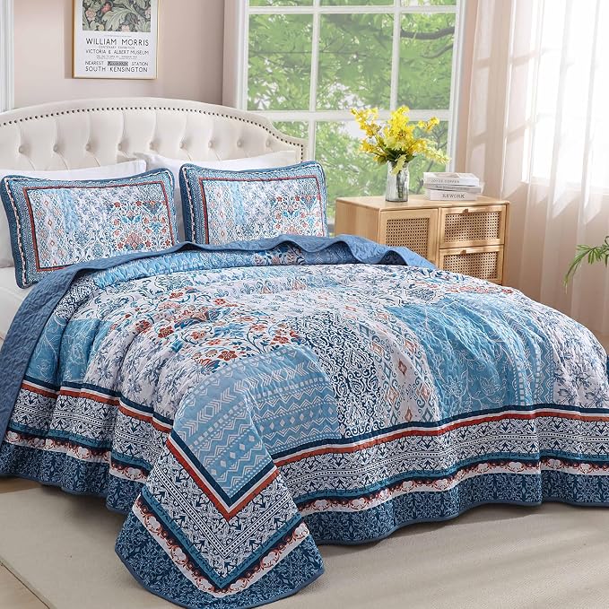 WONGS BEDDING Blue Quilt Set King Size, 3 Pieces Boho Patchwork Bedspread - Image 2