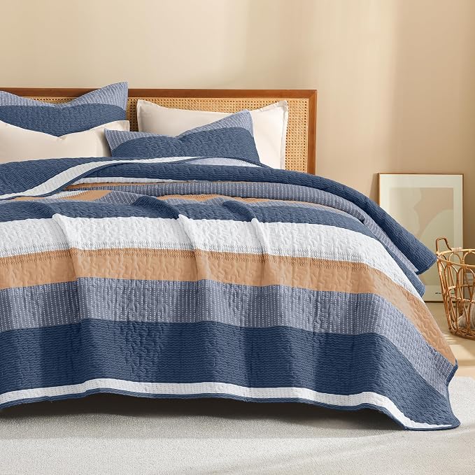 Litanika California King Quilt Set BlueO, Stripe Patchwork Summer Bedspread - Image 8