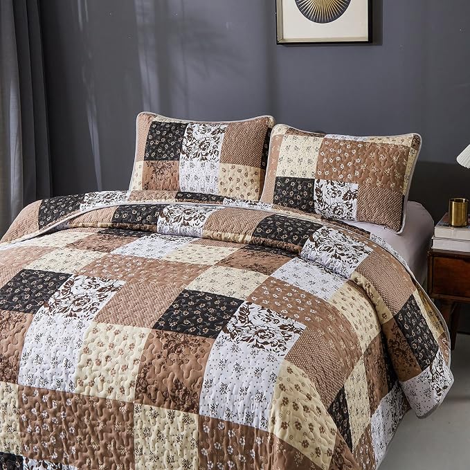 Mybedsoul Khaki Quilt Set King Size Quilt Bedding Set Brown Plaid, 3 Pieces - Image 5