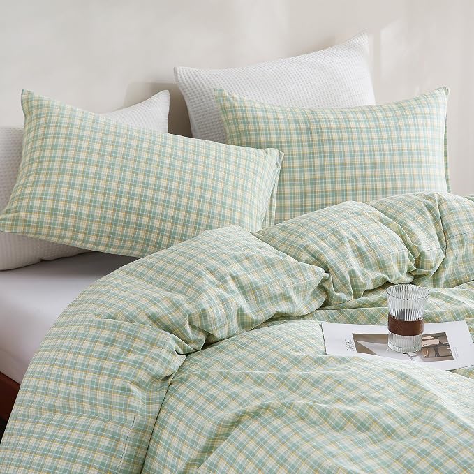 TOCOMOA Plaid Duvet Cover Set 100% Washed Cotton Like Linen Feel Super Soft - Image 4