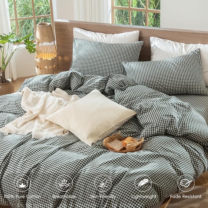 MooMee Gingham Duvet Cover Set 100% Washed Cotton Linen Like Textured - Image 4